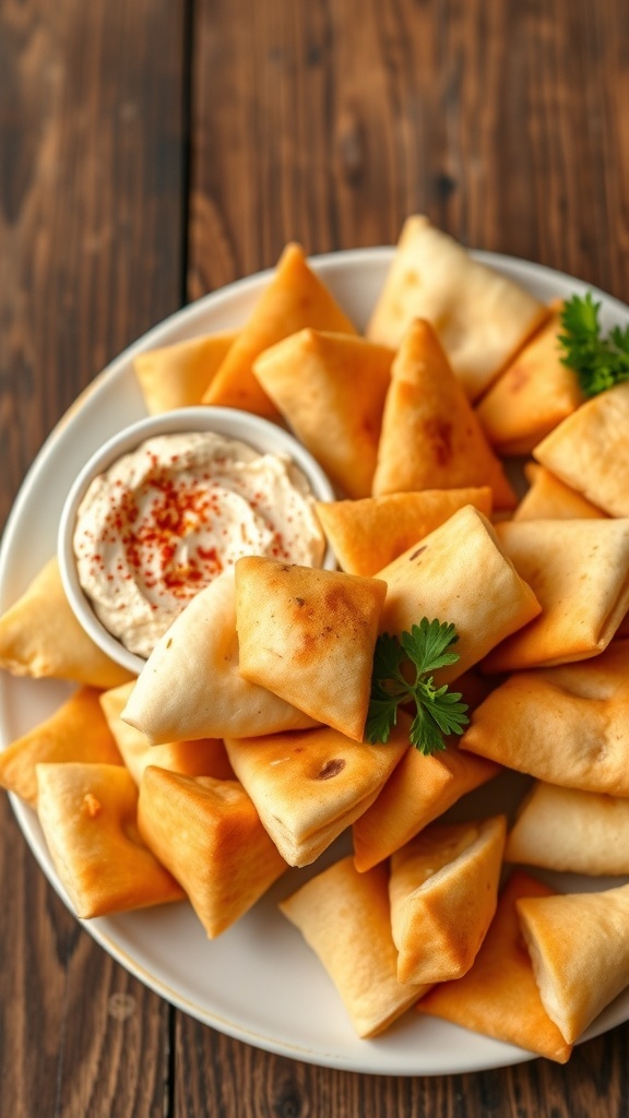 Crispy Pita Bread Bites Recipe Crispy pita bread bites on a plate with hummus and parsley garnish.